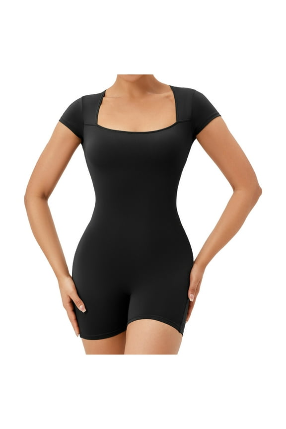 Women's Tight Sports Jumpsuit - Short Sleeve, Square Neck, Nylon-Spandex, S-XXL, Training/Running/Yoga