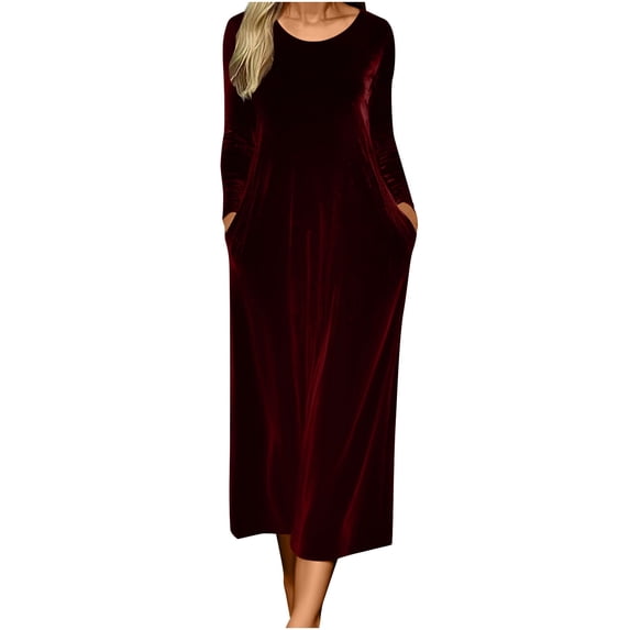 Women's Timeless Gold Velvet Dress Solid Color Winter Long Sleeve Round Neck Flowy Maxi Skirt Pockets Elegant Formal Casual Party Outfit Red XL