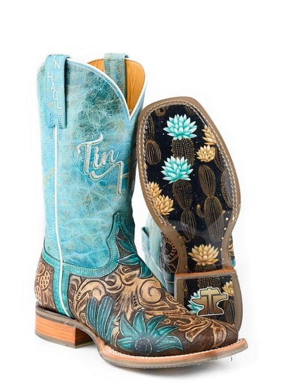 Women's Tin Haul Cactus Flower Boots With Desert Sole Handcrafted Brown