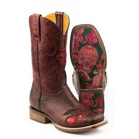 Women's Tin Haul Mon Cherry Boots With Skull And Roses Sole Handcrafted