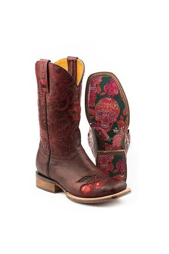 Women's Tin Haul Mon Cherry Boots With Skull And Roses Sole Handcrafted