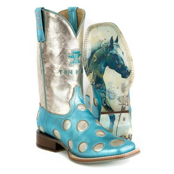 Women's Tin Haul Polka Dot Diva Boots With Petal Pony Sole Handcrafted Blue