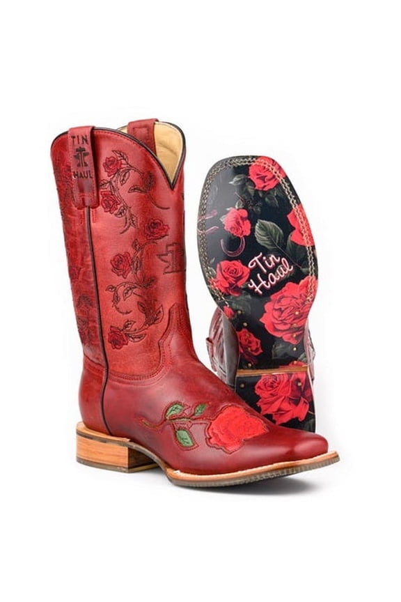 Women's Tin Haul Roses Are Red Boots with Floral Sole Handmade Red