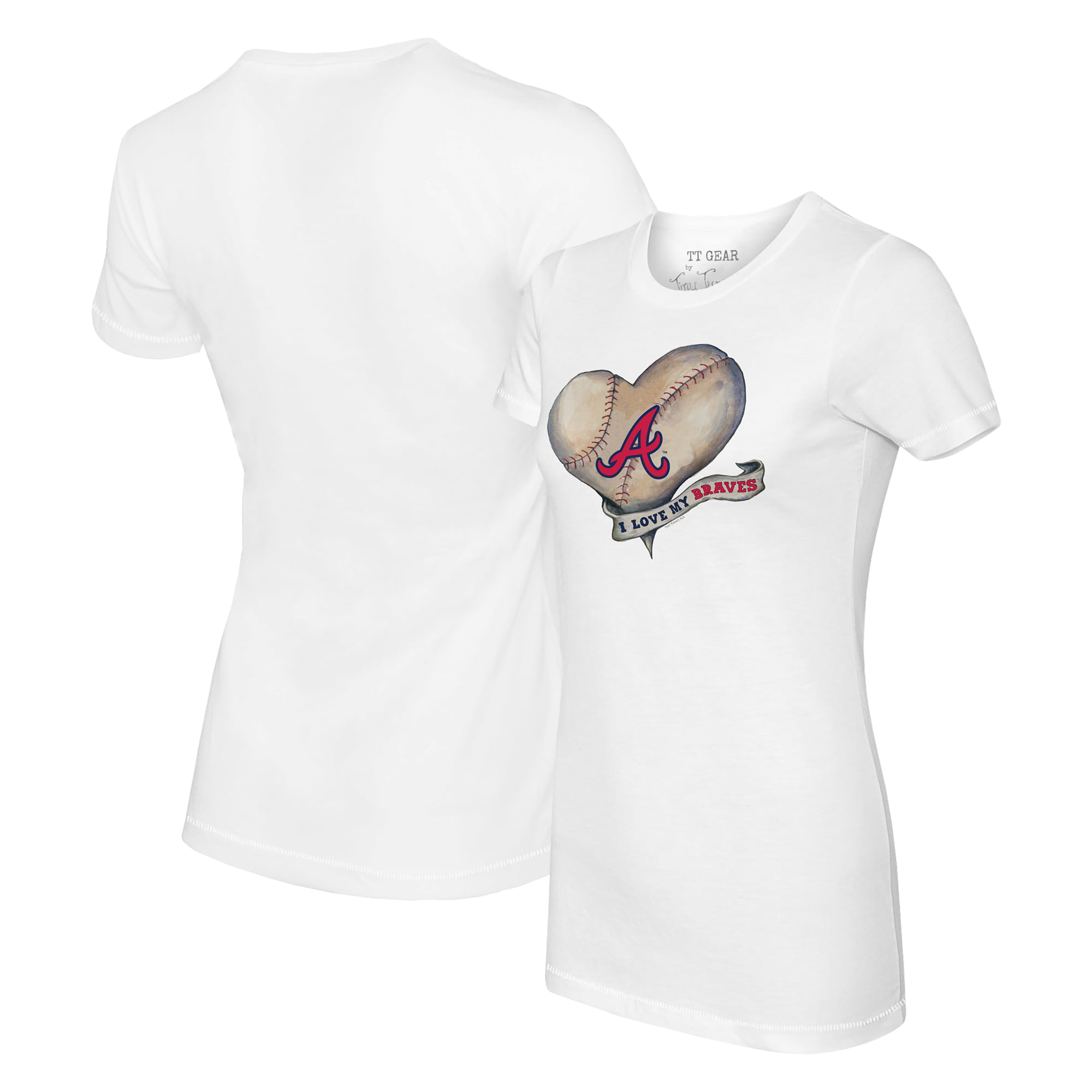 Women's Tiny Turnip White Atlanta Braves Heart Banner T-Shirt