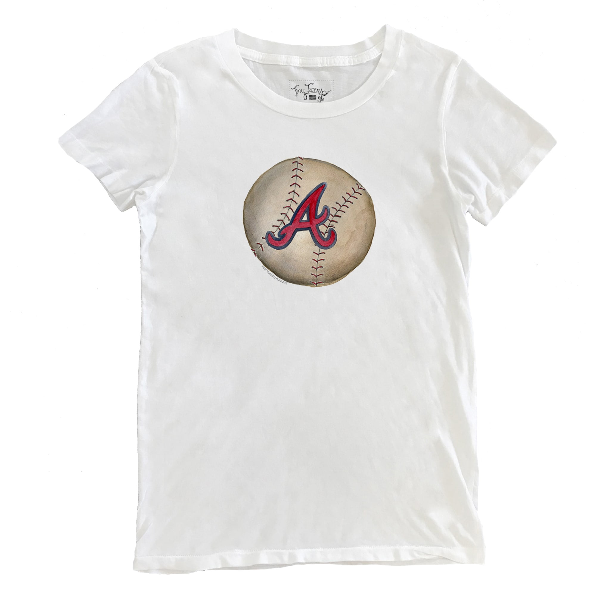 Women's Tiny Turnip White Atlanta Braves Stitched Baseball T-Shirt