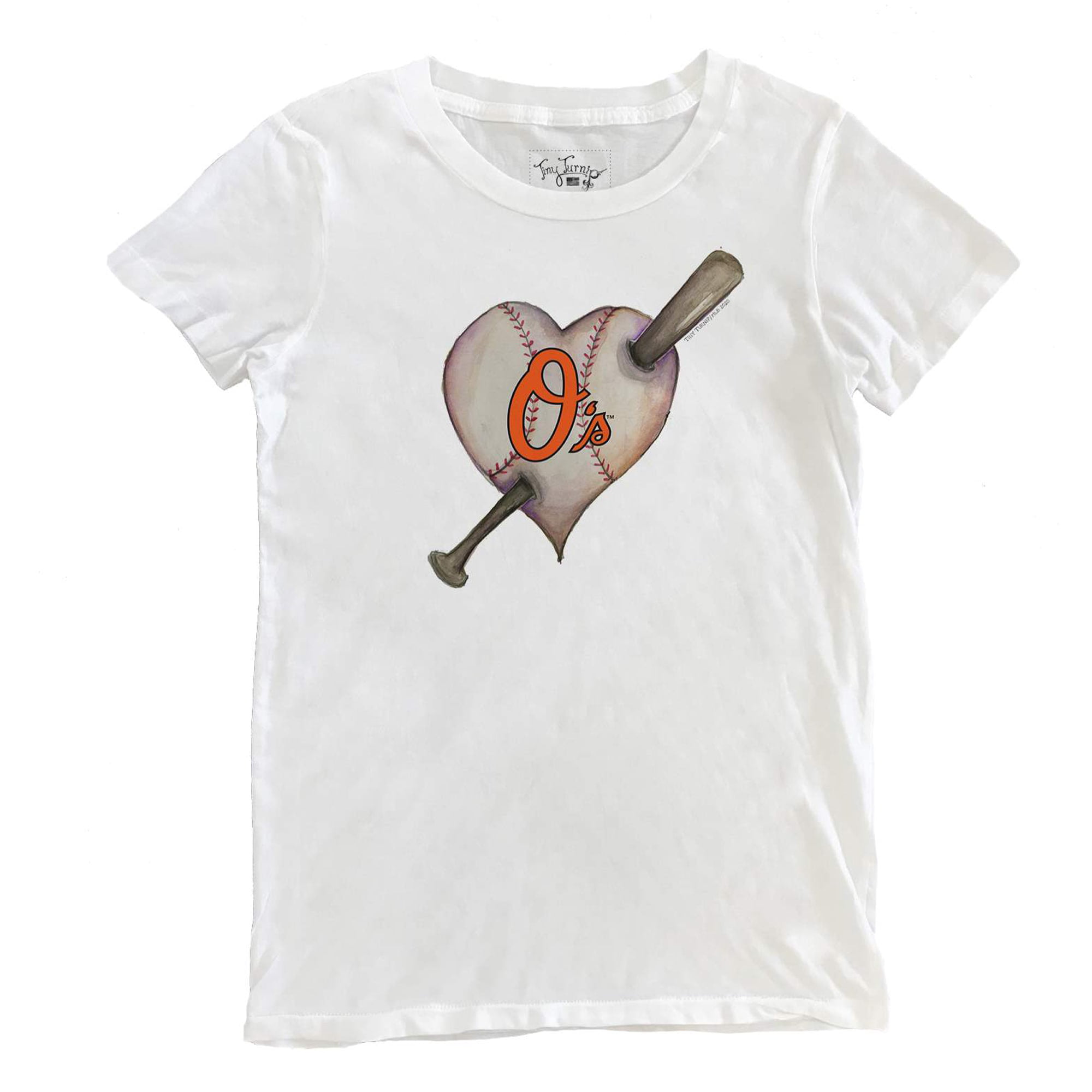 Women's Tiny Turnip White Baltimore Orioles Heart Bat T-Shirt