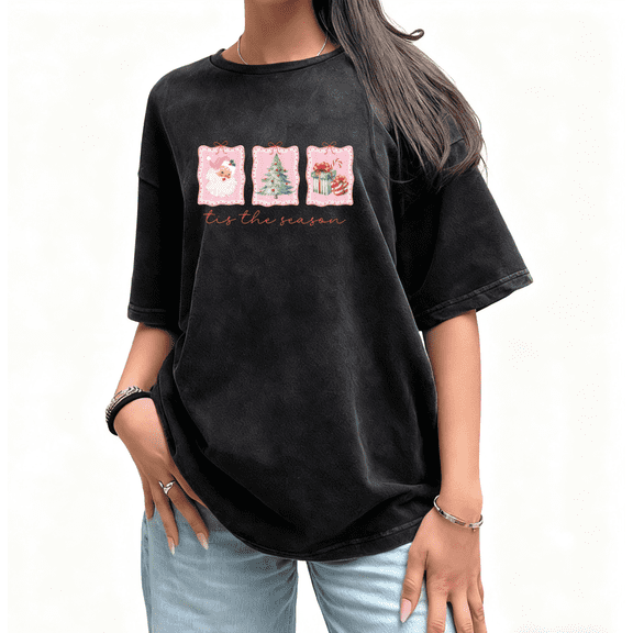 Women's Tis The Season Pink Santa Tree Gift Washed Graphic Crew Neck Printed Cotton T-Shirt Tee Top Festive Holiday Apparel Short Sleeve Casual Wear Black S-5XL Plus Size