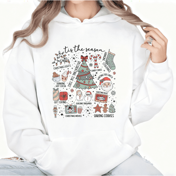 Women's Tis The Season Christmas Elements Printed Hooded Long-Sleeved Cotton Sweatshirt White S-2XL