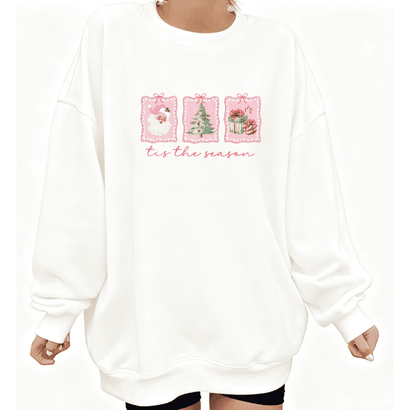 Women's Tis The Season Christmas Graphic Sweatshirt Festive Graphic Top Breathable Round-neck long-sleeved White S-3XL