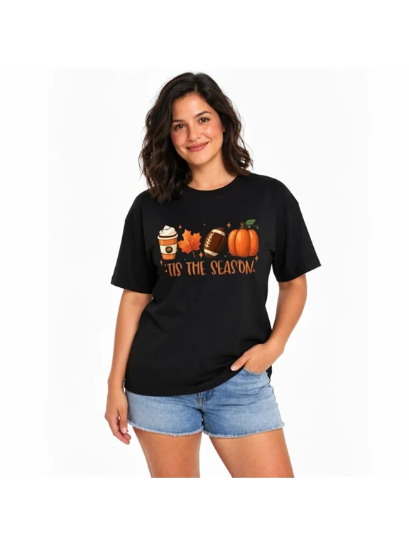 Women's Tis the Season Fall Graphic T-Shirt, Pumpkin Football Coffee Crew Neck Casual Tee