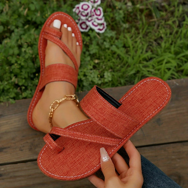 Women's Toe Loop Slip On Slide Sandals, Denim Color Flat