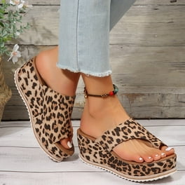 Women s Toe Loop Wedge Sandals Leopard Print Slip On Platform Shoes Summer Slide Sandals Wedge Sandals Walmart