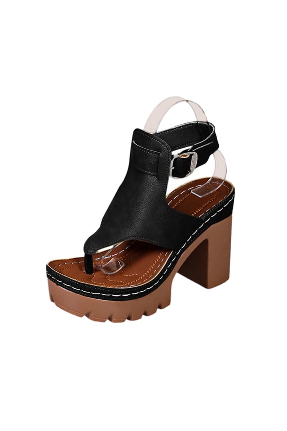 Women’s Toe Post Irregular Upper Block Heel Platform Roman Sandals, Adjustable Buckle Ankle Strap Open Toe Casual Footwear