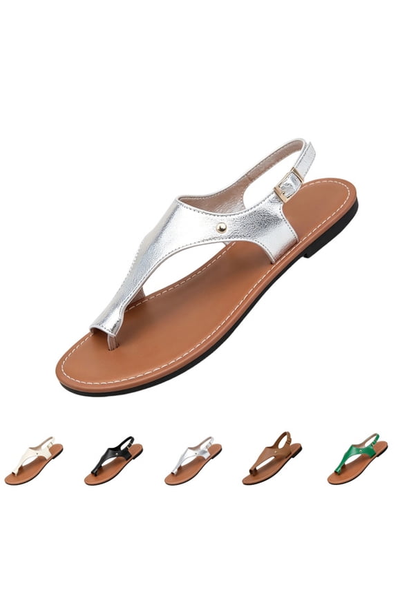 Women's Toe Post Thong Sandals Open Toe Ankle Strap Dressy Flat Sandals,Silver,36