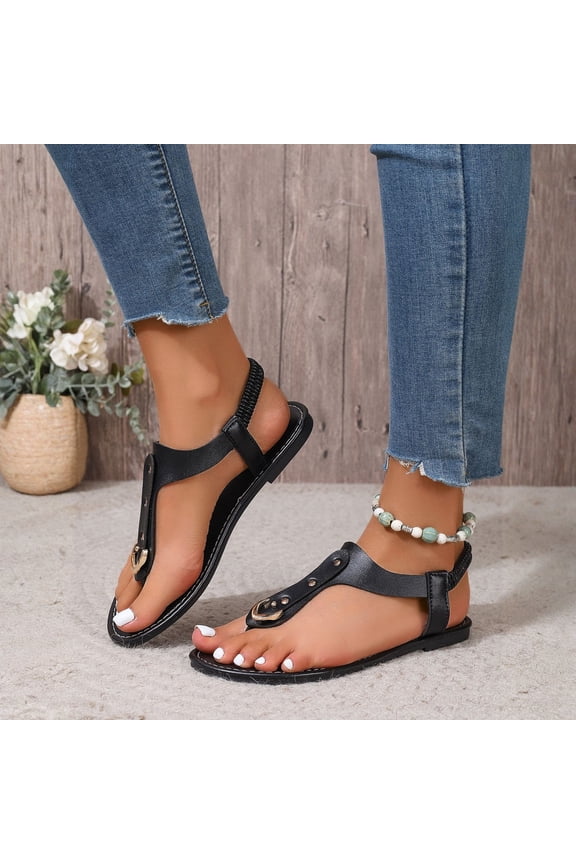 Women's Toe Post Thong Sandals Open Toe Strap Dressy Flat Sandals Black