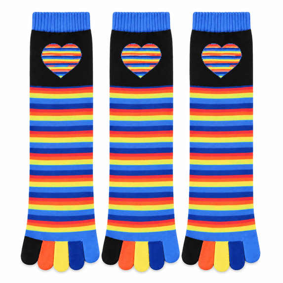 Women's Toe Socks 3-Pack, Rainbow Heart Five Finger Crew Socks, Cute Colorful Casual Everyday Socks, One Size