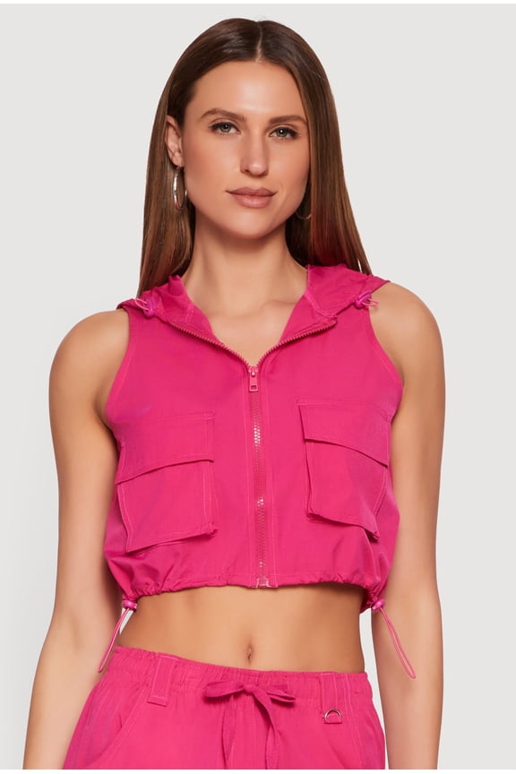Women's Toggle Drawstring Hem Zip Front Hooded Windbreaker Vest