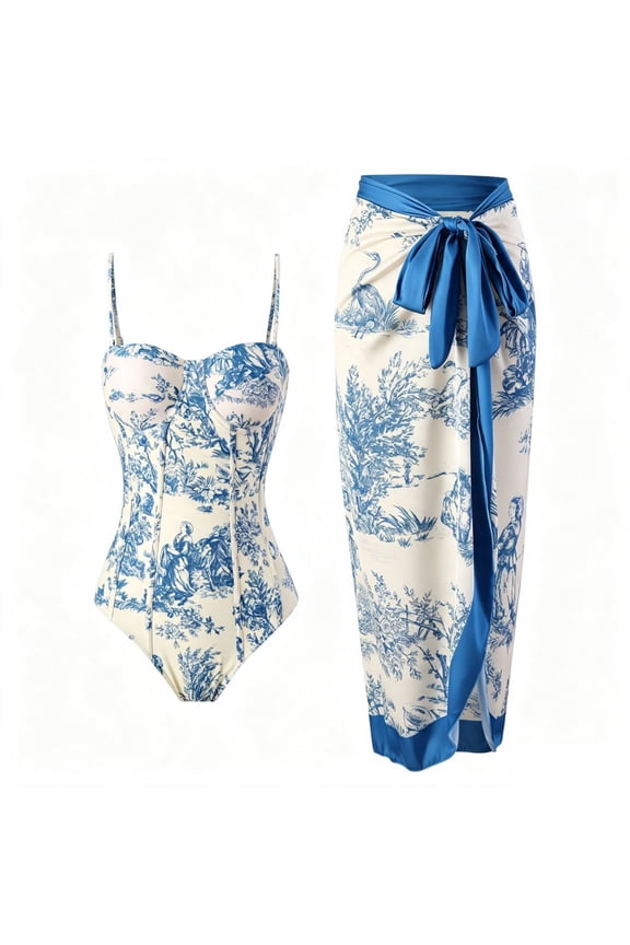 Women's Toile Print Corset Top and Wrap Skirt Set, Vintage Floral Print Two Piece Outfit, Elegant Casual Summer Fashion Set