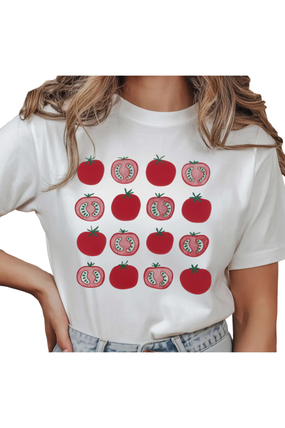 Women's Tomato Pattern Graphic Minimalist Fruit Lover Casual T Shirt Comfortable Short Sleeve Round Neck Top White S-5XL