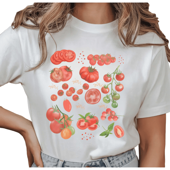 Women's Tomato Variety Collage Graphic Farmhouse Fruit Lover T Shirt Breathable Short Sleeve Round Neck Top White S-5XL
