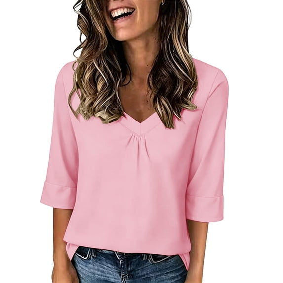 Women's Top 1/2 Sleeve V Neck 2024 Women Fashion Tees Casual Neck Loose Cute T Shirt Ladies Top Pink XXL