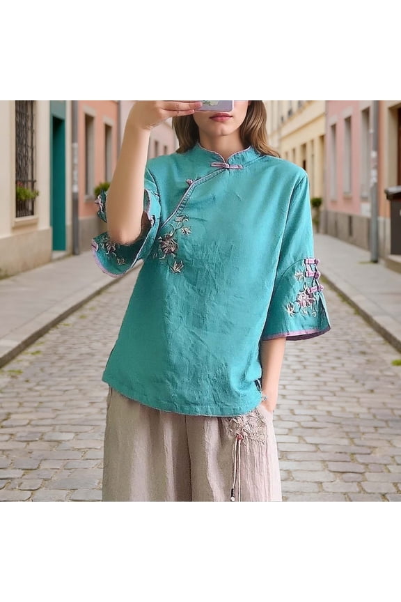 Women's Top, Casual Fashion Chinese Collar Color-Blocking Button Embroidery Short Sleeve Top for Women, Retro Style Blouse with Mandarin Collar and Frog Buttons, Casual Daily Wear