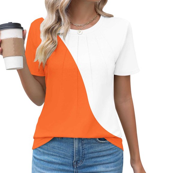 Women's Top Color Block Short Sleeve Casual Pleated Shirt 2024 Summer Top Women's Going Out Top