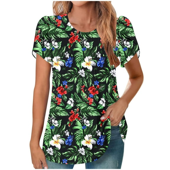 Women's Top Cute Printed Summer T-Shirts Casual Chest Pleated Tunic Top Round Neck Puff Sleeves Blouses Loose Outdoor Beach Vacation Pullover Tops