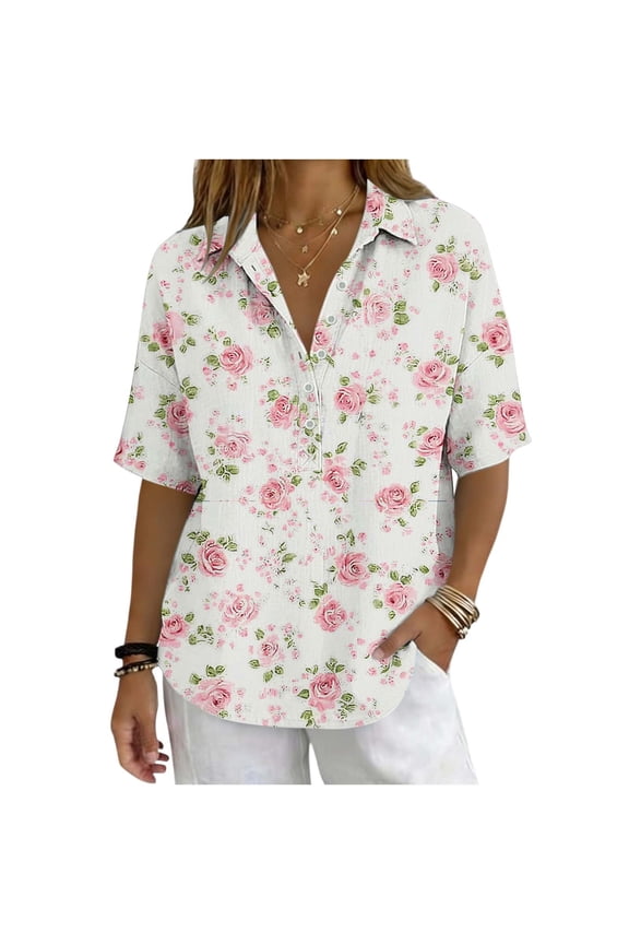 Women's Top, Fashionable Casual Printed V-Neck Short Sleeve Button Blouse, Loose Fit Bamboo Linen Shirt, Comfy Daily Summer Tee for Work or Beach