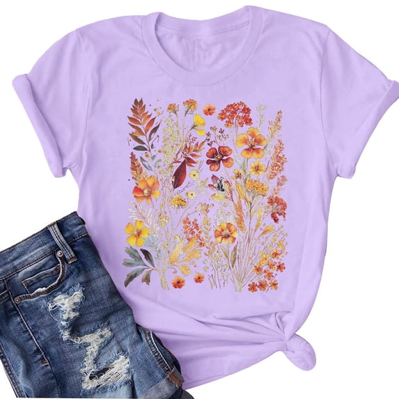 Women's Top Floral Print Colored Cotton T Shirt