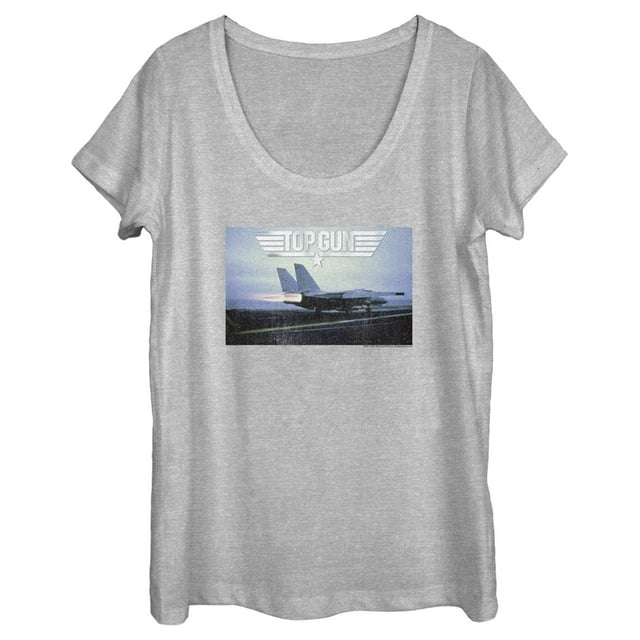 Women's Top Gun Fighter Jet Ready for Takeoff Distressed  Scoop Neck
