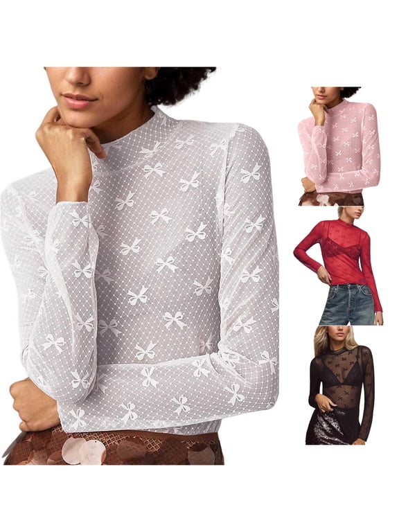 Women's Top High Neck Long Sleeve Lace Mesh Bow Sheer Y2K Coquette Streetwear Layered Look Blouse
