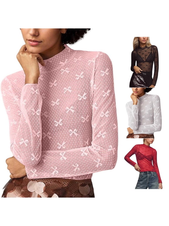 Women's Top High Neck Long Sleeve Lace Mesh Bow Sheer Y2K Coquette Streetwear Layered Look Blouse