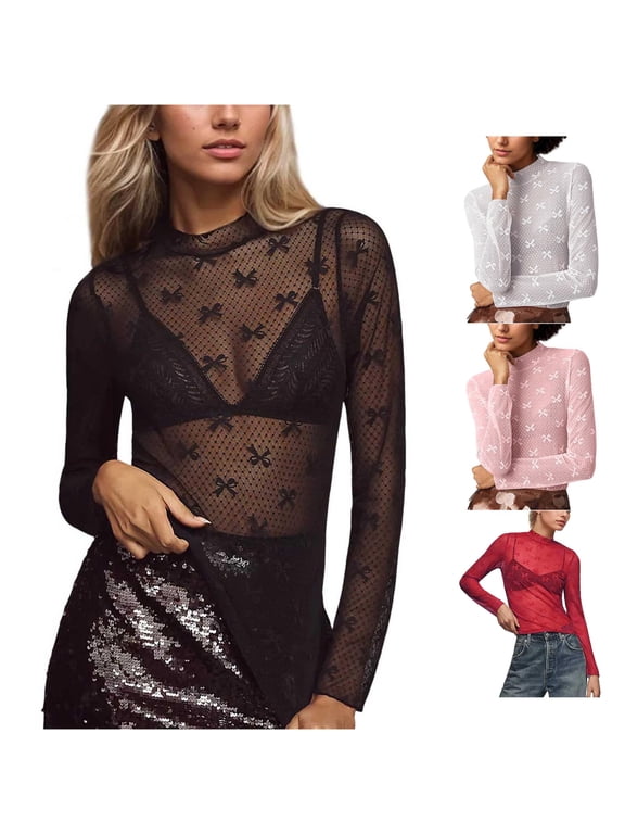 Women's Top High Neck Long Sleeve Lace Mesh Bow Sheer Y2K Coquette Streetwear Layered Look Blouse