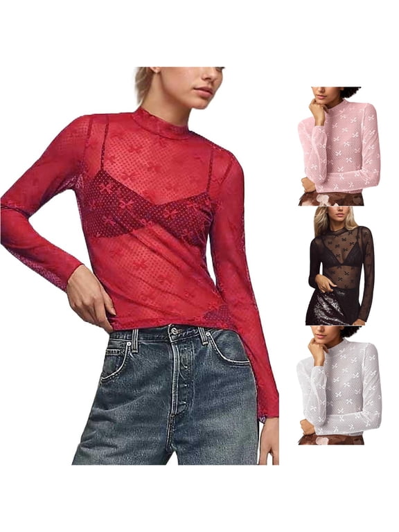 Women's Top High Neck Long Sleeve Lace Mesh Bow Sheer Y2K Coquette Streetwear Layered Look Blouse