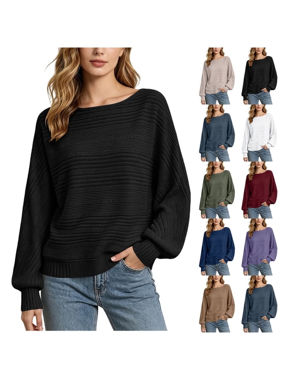 Women's Top Horizontal Ribbed Knit Boat Neck Drop Shoulder Balloon Long Sleeve Loose Casual Pullover Sweaters