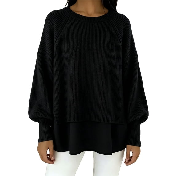 Women's Top Long Sleeve Round Neck Solid Oversized Loose Ribbed Hem Knitted Sweater