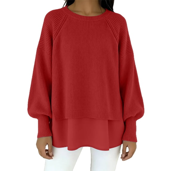 Women's Top Long Sleeve Round Neck Solid Oversized Loose Ribbed Hem Knitted Sweater