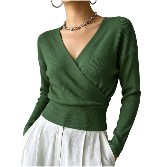 Women's Top Long Sleeve Solid Color Fashionable Cross Collar Waist Cinched Top