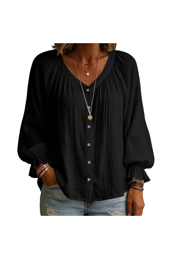 Women's Top Long Sleeve V Neck Solid Color Pleated Puff Ruffled Cuffs Button Loose Top Black XXL