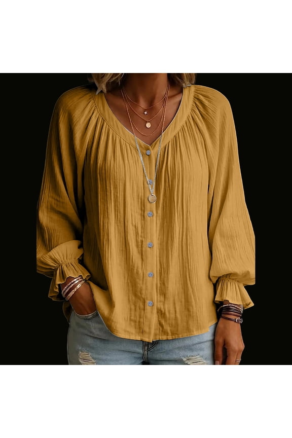 Women's Top Long Sleeve V Neck Solid Color Pleated Puff Ruffled Cuffs Button Loose Top Brown XXL