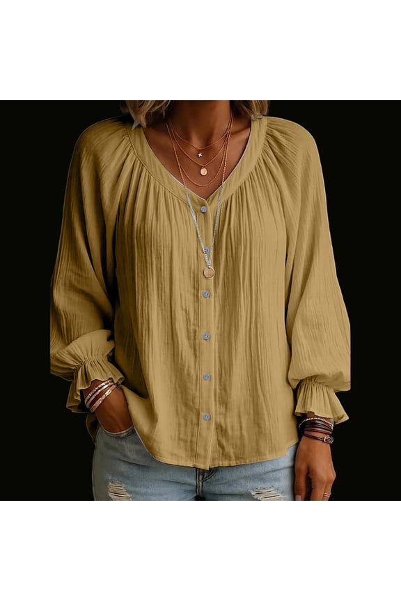 Women's Top Long Sleeve V Neck Solid Color Pleated Puff Ruffled Cuffs Button Loose Top Khaki XXL