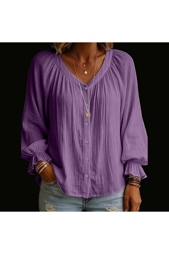 Women's Top Long Sleeve V Neck Solid Color Pleated Puff Ruffled Cuffs Button Loose Top Purple XXL
