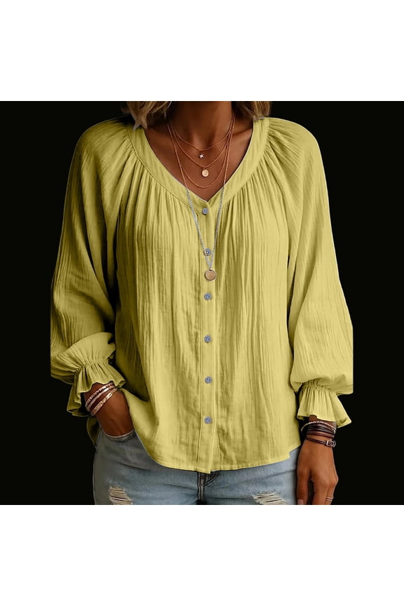 Women's Top Long Sleeve V Neck Solid Color Pleated Puff Ruffled Cuffs Button Loose Top Yellow XXL