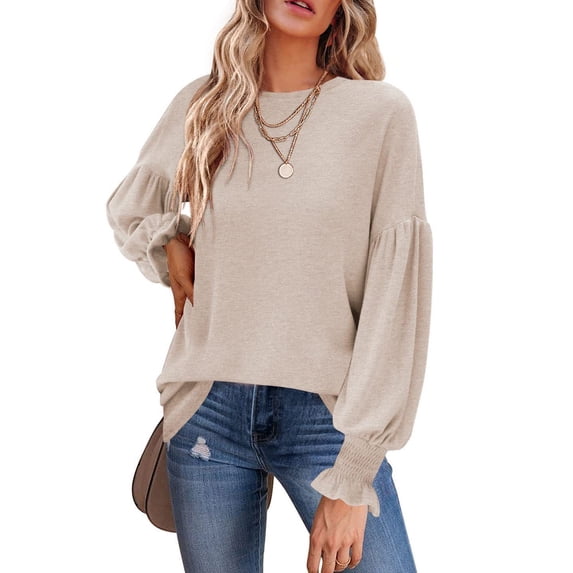 Women's Top Long Version Round Neck Ruffled Lantern Sleeve T-Shirt Blouse European and American Style Autumn Winter New