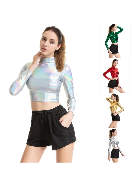 Women's Top Metallic Shiny Neck Long Sleeve Slim Fit Crop Pullover Y2K Dancewear Blouse