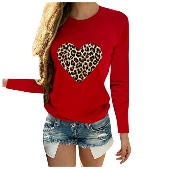 Women's Top O Neck Sleeve Long Casual Women Heart-shaped Leopard Print Women's Blouse