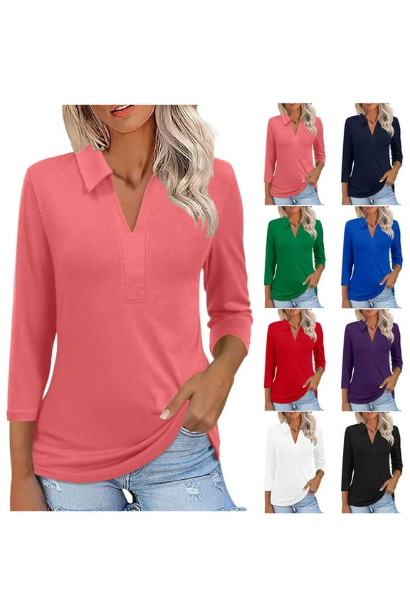 Women's Top Plus Size 3/4 Sleeve V-Neck Solid Color Lightweight Tops & Blouses Summer Casual Shirts Gifts for Women BlueS