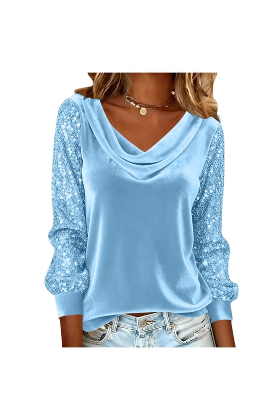 Women's Top, Sequin Patchwork Long Sleeve V-Neck Pullover Blouse, Casual Top with Glitter Accents for Home and Daily Wear.