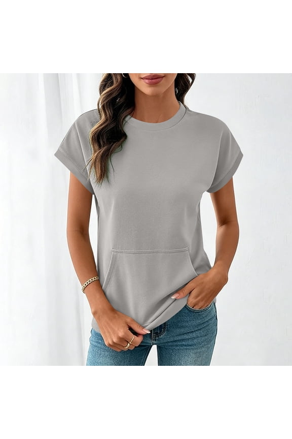 Women's Top, Short Sleeve Sweatshirt with Crew Neck and Front Kangaroo Pocket, Made From Soft Fleece Fabric, Ribbed Cuffs and Hem for Casual and Lounge Wear.